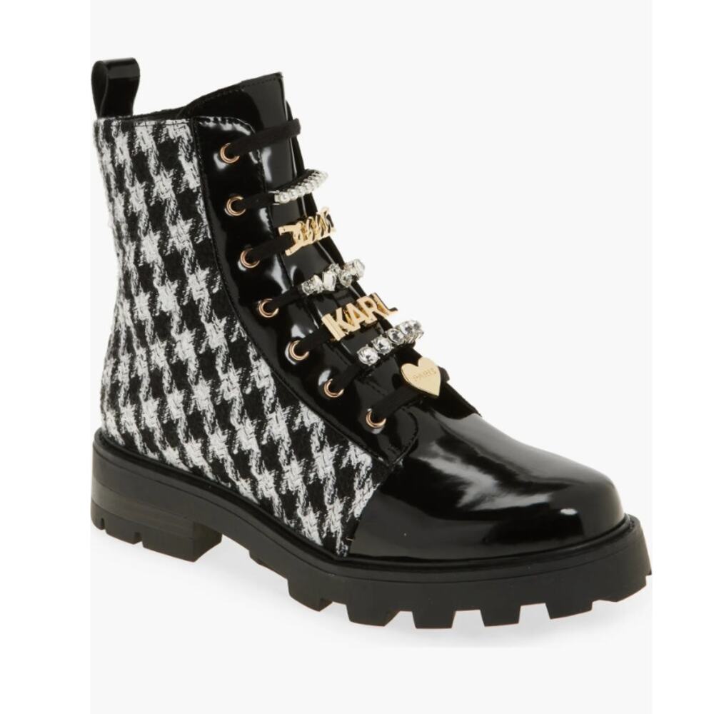 Karl Lagerfeld Black Patent & Houndstooth Combat Boot with Gold Hardware